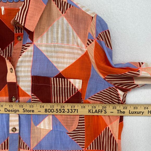 MAEVE ANTHROPOLOGIE Top L Patchwork Shirt Button Front Roll Tab Sleeve Pink Blue - Picture 15 of 16